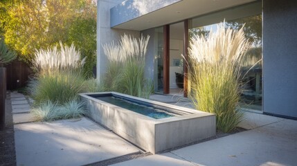 Modern garden design featuring water element and ornamental grasses in a residential setting