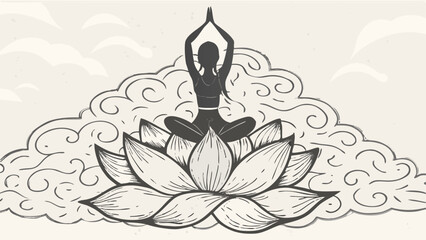 Silhouette of woman meditating on lotus flower with hands raised against a cloudy background design art