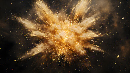 Golden explosion against a dark background with radiating particles and dust
