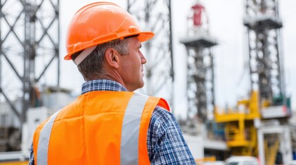A man in an orange safety vest and hard hat, looks towards industrial equipment in the background, an oil rig.