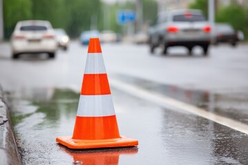 Bright orange and white striped traffic cone, stands on wet asphalt road after rain, blurred cars in background.