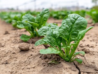 Close-up of young spinach plant growing in dry soil, rows of other plants visible in the background.