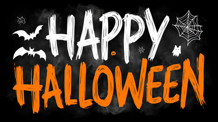 Bright and playful Halloween banner featuring the words "Happy Halloween" with spooky bats and spider webs. Perfect for party invitations or festive decorations in a dark theme.