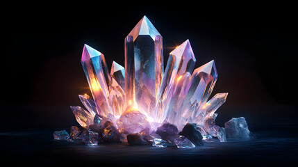 Magical Crystal Formation Glowing with Iridescent Colors on a Dark Background