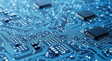 A detailed closeup view of a complex blue printed circuit board with numerous electronic components and intricate pathways, representing advanced technology and data processing