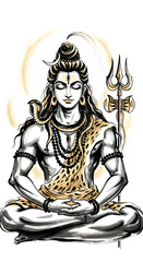 Fototapeta premium A serene depiction of Lord Shiva in meditation, adorned with a crescent moon, a snake, and a Trishula, radiating divine tranquility.