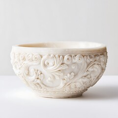 Elegant ornate alabaster bowl with smooth carved details placed on clean white background. Perfect for decor ads, antique visuals, and home styling content.