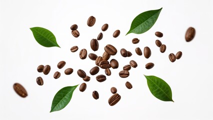 High-quality photo of roasted coffee beans floating with fresh green leaves on a clean white background. Perfect for coffee branding, packaging, advertisements, or cafe visuals.