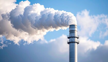 White Smoke Rising From Industrial Chimney Against Blue Sky With Fluffy Clouds