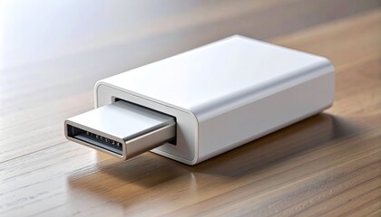 White USB-C Hub Device on a Wooden Surface with Metallic Connector and Soft Lighting
