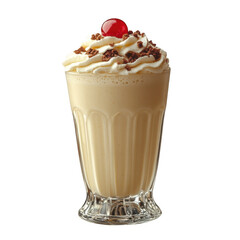 A tall glass filled with a creamy beige milkshake topped with whipped cream chocolate shavings and a bright red cherry isolated on transparent background