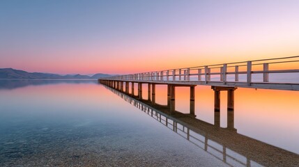 Obraz premium golden hour nature landscape wooden bridge photo Serene sunset over a calm lake with a long wooden pier extending into the water.