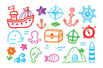 Naklejka premium Nautical Illustrations: A colorful array of hand-drawn nautical elements, perfect for adding a touch of adventure and whimsy to your designs.