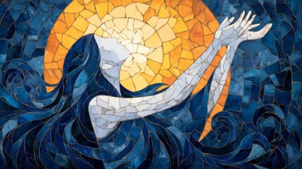 A vibrant mosaic depicting a figure reaching for the sun.