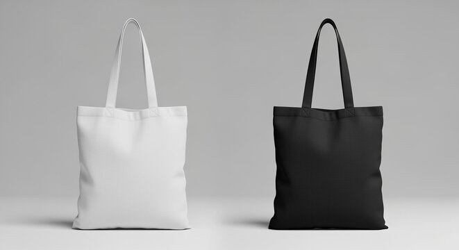Plain white and black tote bags displayed side by side on a neutral background, ideal for mockups - Powered by Adobe