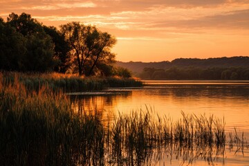 Obraz premium Golden hour lake sunset