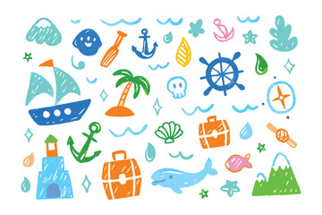 Hand-drawn travel-themed doodles: A vibrant collection of playful hand-drawn doodles captures the essence of travel, featuring a sailing ship, lighthouse, anchor, suitcase, whale, and more.