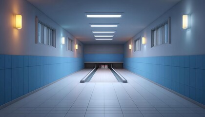 A modern bowling alley interior, featuring clean lines and blue decor.