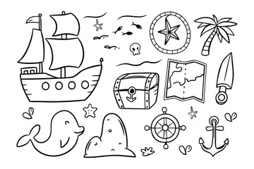 Treasure Island Collection: A charming collection of hand-drawn pirate-themed illustrations including a ship, treasure chest, map, compass, and more, capturing the spirit of adventure.