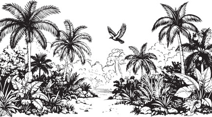 Hand-Drawn Rainforest Scene with Flying Bird