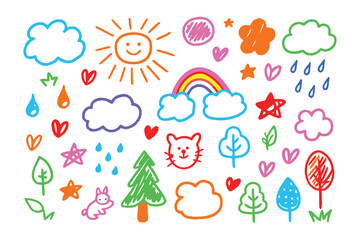 Vibrant Doodle Elements: A colorful assortment of hand-drawn elements, evoking joy and creativity. From cheerful sunshine and fluffy clouds to vibrant rainbows and playful stars.