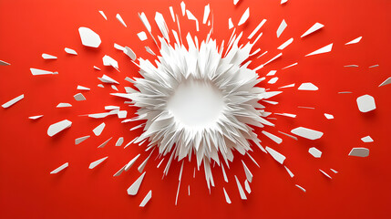 Explosion of creative white paper fragments on vibrant red background concept
