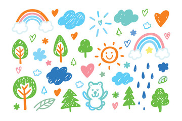 Whimsical Doodle Set: A cheerful collection of hand-drawn elements, including rainbows, clouds, hearts, trees, and a friendly sun, forming a delightful and playful visual narrative.