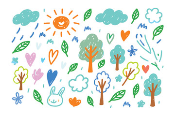 Whimsical Hand-Drawn Nature Elements: A delightful collection of hand-drawn elements in bright colors, including sun, cloud, trees, heart and leaves