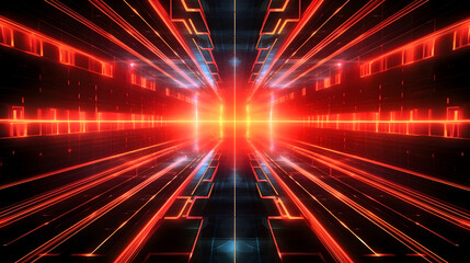Futuristic red tunnel abstract background with bright light in the center