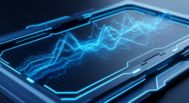 Abstract futuristic display with glowing blue waveforms and particles on a dark background, suggesting technology or energy. - Powered by Adobe