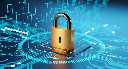 A golden padlock symbolizing digital security and data protection rests on a futuristic circuit board with glowing blue lines, representing cybersecurity and technological safety