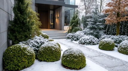 Naklejka premium Snow-covered garden entrance with manicured hedges and a modern home during winter