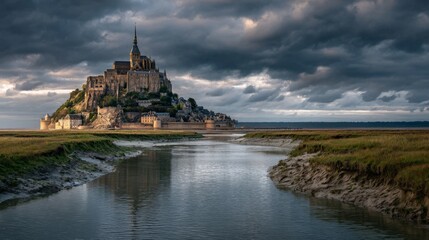 Majestic medieval abbey stands atop rocky island amid turbulent skies at low tide