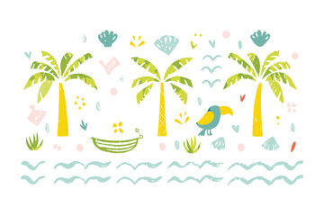 Tropical Paradise: An illustrative artwork presents a vivid portrayal of a tropical paradise, with palm trees, exotic birds, serene water, and other island elements.