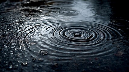 Raindrops forming ripples on dark moody water puddle