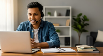 Young Indian man wearing headset works on a laptop at a desk with notebooks and a pen