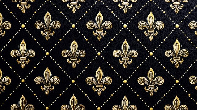 Elegant black and gold pattern featuring fleur-de-lis design with intricate detailing and rich textures