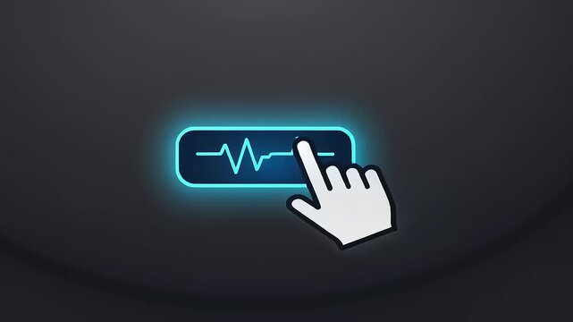 Digital interface showing a hand icon interacting with a heartbeat graphic on a dark background