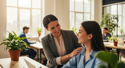 Two smiling women in an office environment one touching the other's shoulder