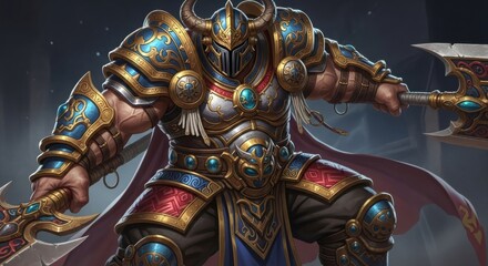 Fototapeta premium The Mighty Warrior in Ornate Golden Armor Wielding a Massive Axe Prepared for Epic Battle