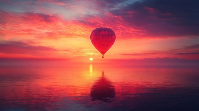 Serene Sunrise Hot Air Balloon Flight Over Calm Waters