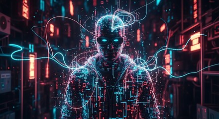Fototapeta premium Immersive Futuristic Cyberpunk Digital Avatar Manifesting With Glowing Neon Circuits And Data Streams