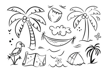 Tropical Island Elements Illustration: A delightful illustration presents essential elements of a tropical island getaway, meticulously rendered in a captivating line-art style.