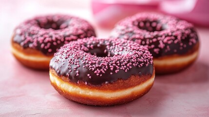 Chocolate glazed donuts with pink sprinkles