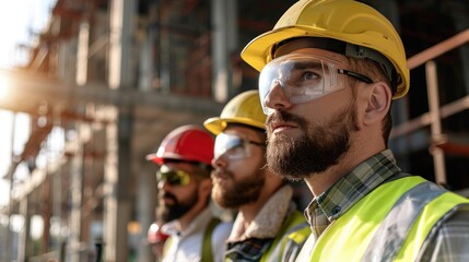 Obraz premium Team of diverse construction workers on a job site, wearing safety gear stock photo --ar 16:9 --raw --v 6 Job ID: b9aae745-ab82-4cbe-8396-b96ae653421b