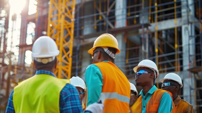 Team of diverse construction workers on a job site, wearing safety gear stock photo --ar 16:9 --raw --v 6 Job ID: b9aae745-ab82-4cbe-8396-b96ae653421b