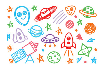 Cosmic doodles: A whimsical composition of colorful, hand-drawn space-themed illustrations, showcasing planets, stars, rockets, and alien elements against an endless, starlit expanse.