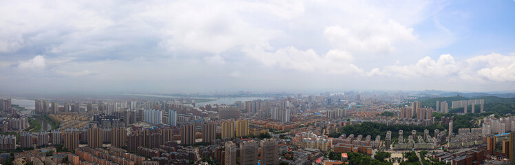 A bird's-eye view of Dandong city from the Yellow Sea Pearl Tower, Dandong, Liaoning, China