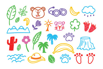 Hand-Drawn Jungle Adventure: Vibrant illustrations of jungle-themed elements, inviting viewers on an exploratory adventure, perfect for children.