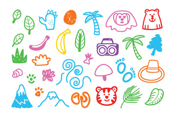 Colorful Doodles of Various Objects: A vibrant array of hand-drawn illustrations, bursting with a rainbow of colors, depicts a variety of delightful objects, from lush greenery to cheerful animals. 